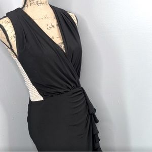 Sz 10 Xscape Black Front Ruffle Beaded Illusion Above the Knee Dress